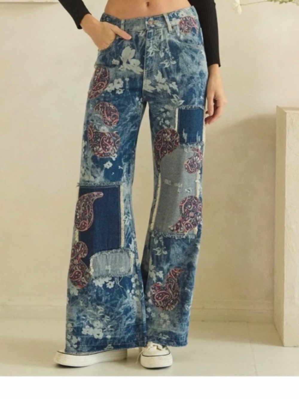 Oli & Hali Patchwork Flared-Leg Jeans - Blue Paisley